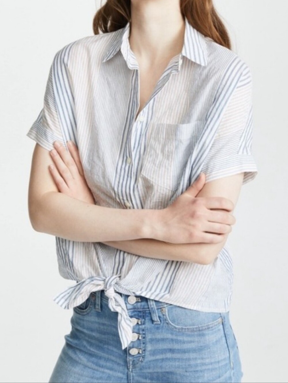 Madewell 99% Cotton Cropped Button Up Blouse, Blue & Red Stripes, M
